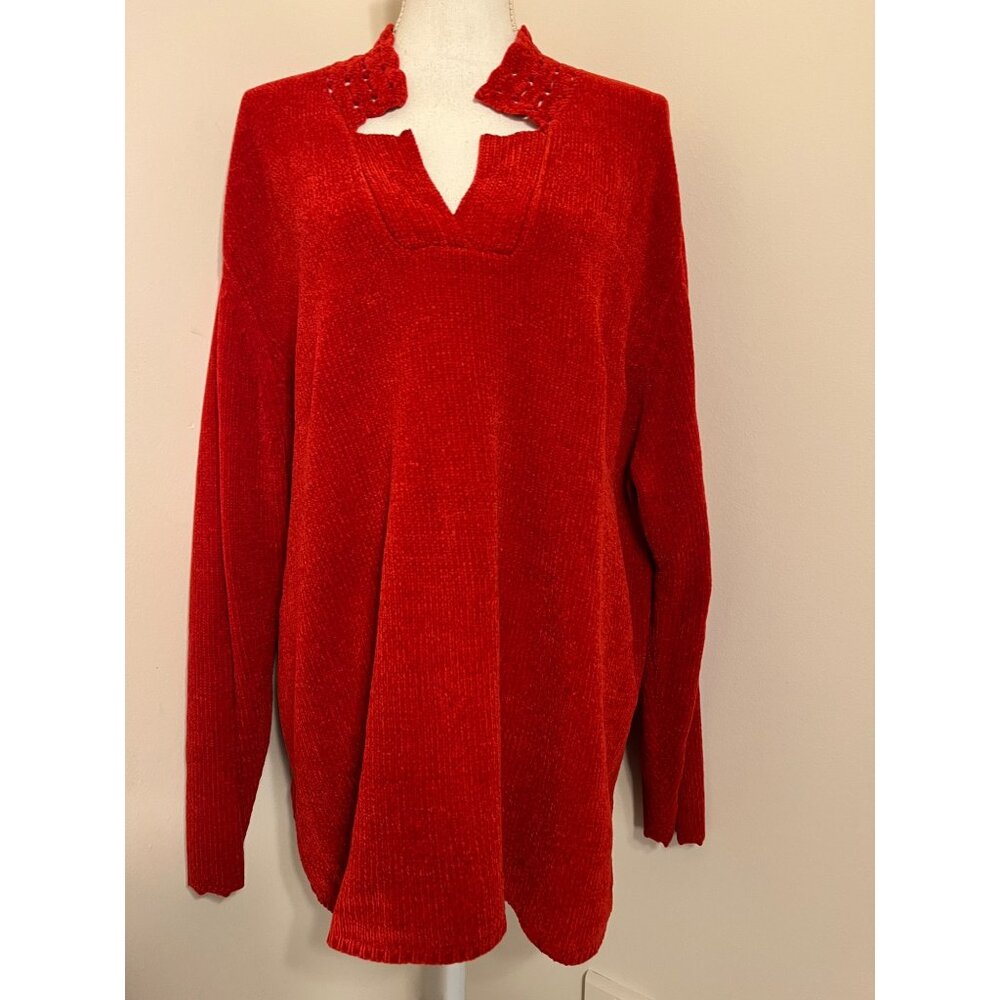 Vtg White Stag Womens Red Sweater 22W/24W Velour Lace Collar Soft Stretch Plus